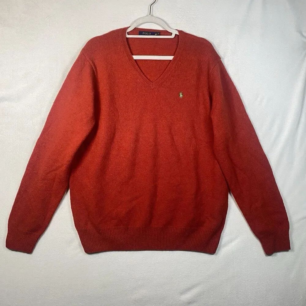 Polo Ralph Lauren 100% Wool V-Neck Sweater XXL Burnt Orange Green Pony Logo